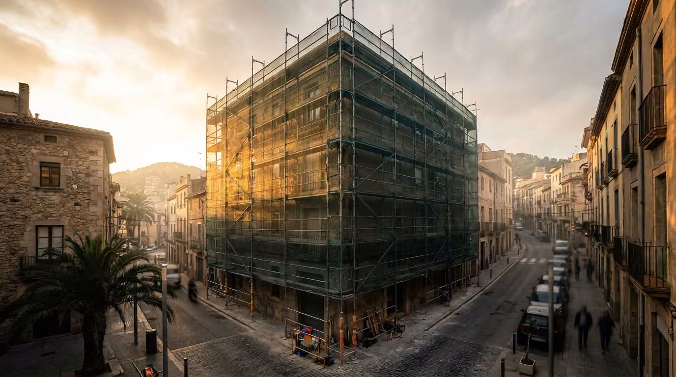 Andamio instalado en la fachada de un edificio al atardecer