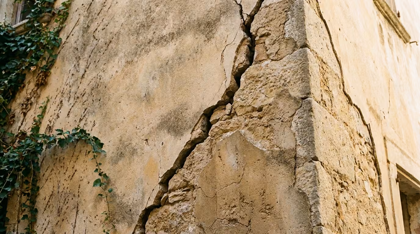 Detalle de una grieta en el revestimiento de una fachada