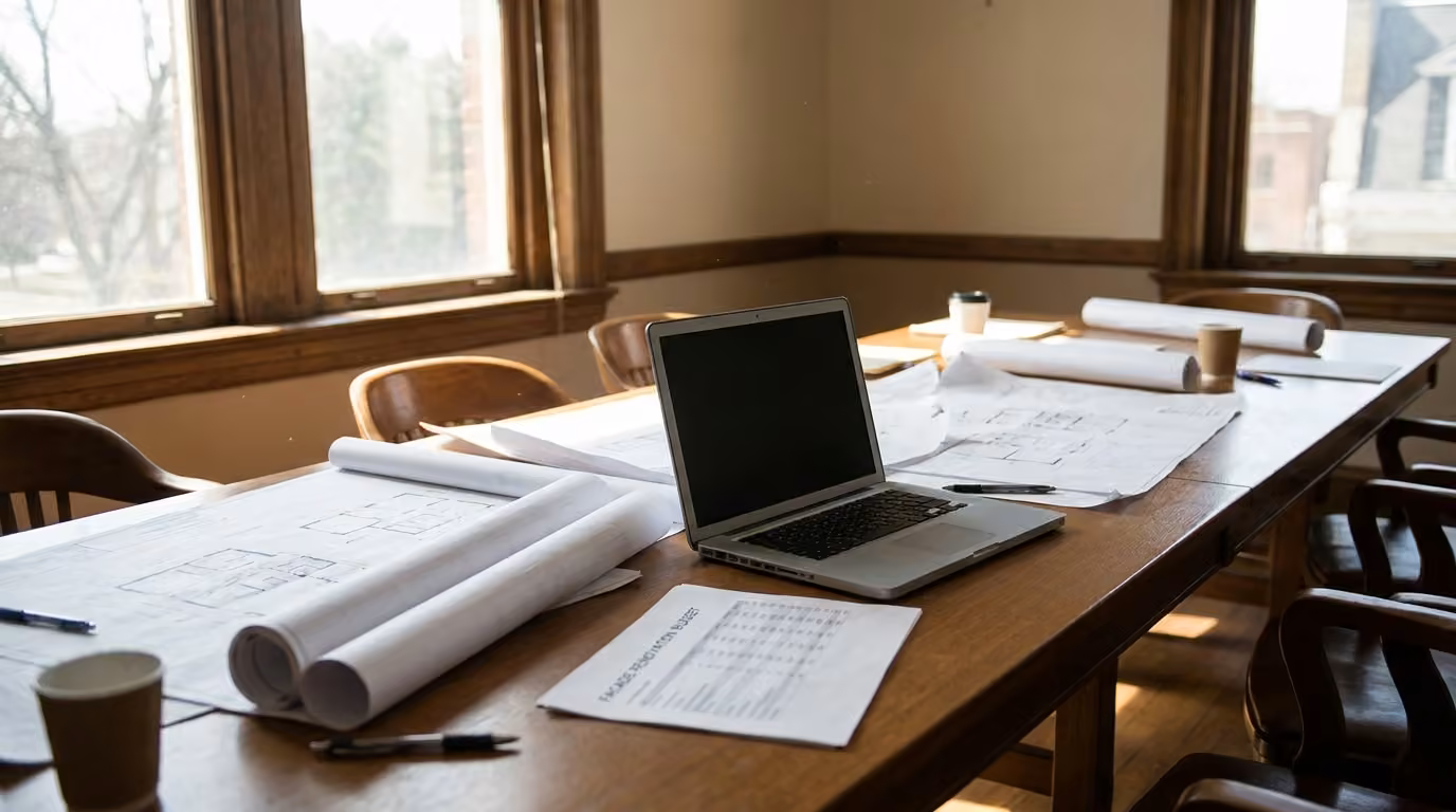 Documentos y calculadora sobre una mesa, revisando un presupuesto de rehabilitación