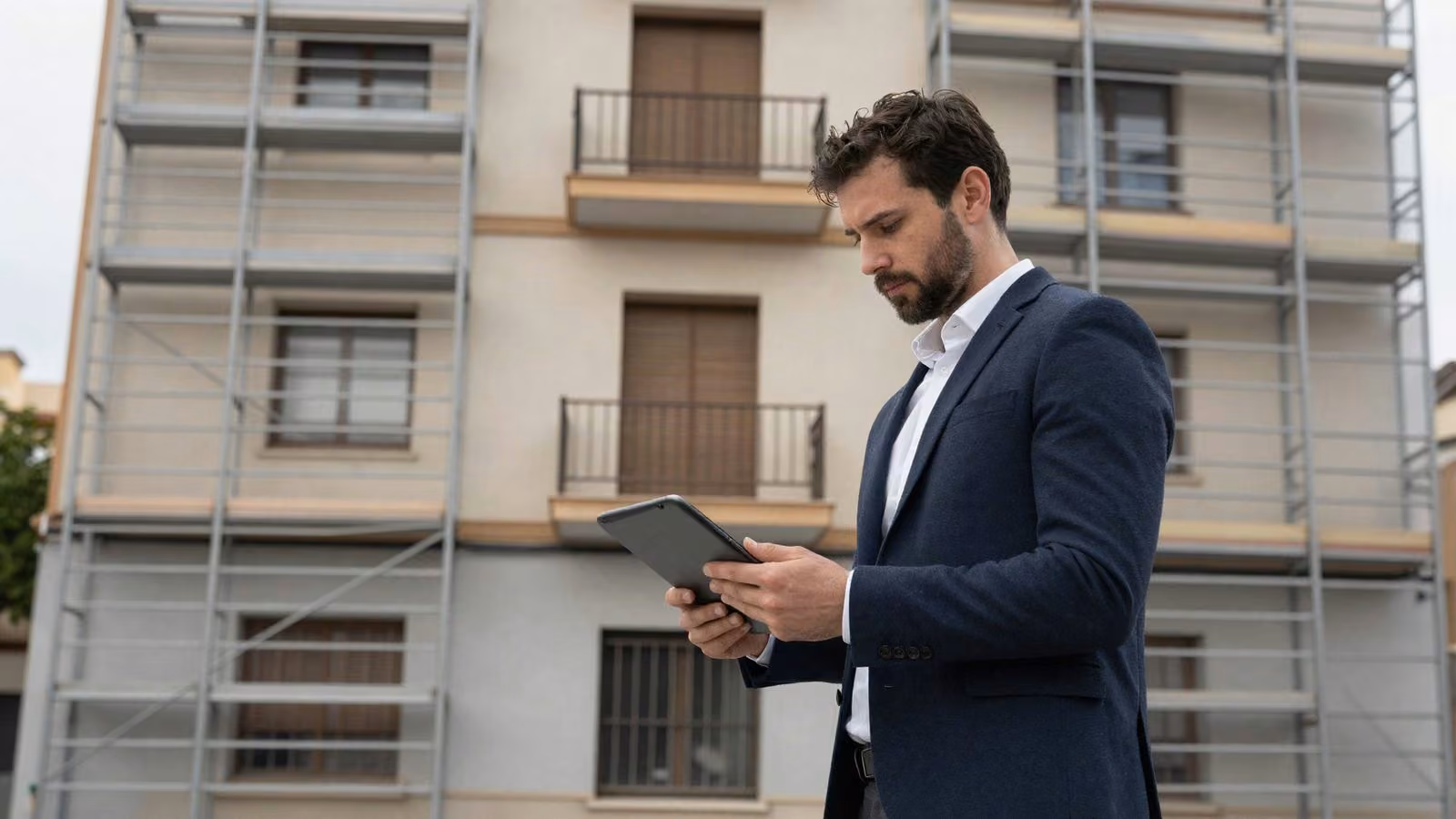 Técnico revisando la fachada de un edificio de comunidad de propietarios